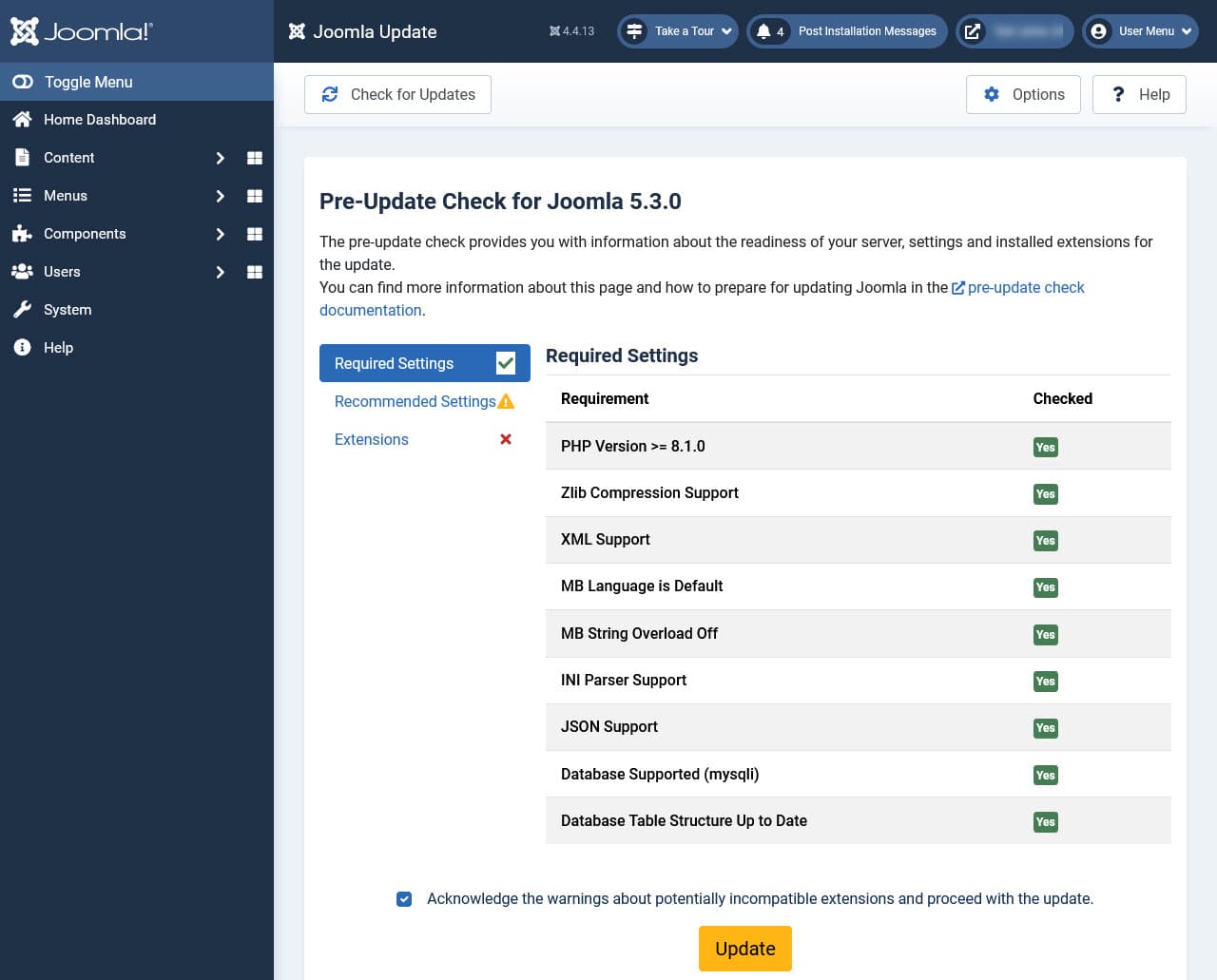 Joomal Pre-Update Check