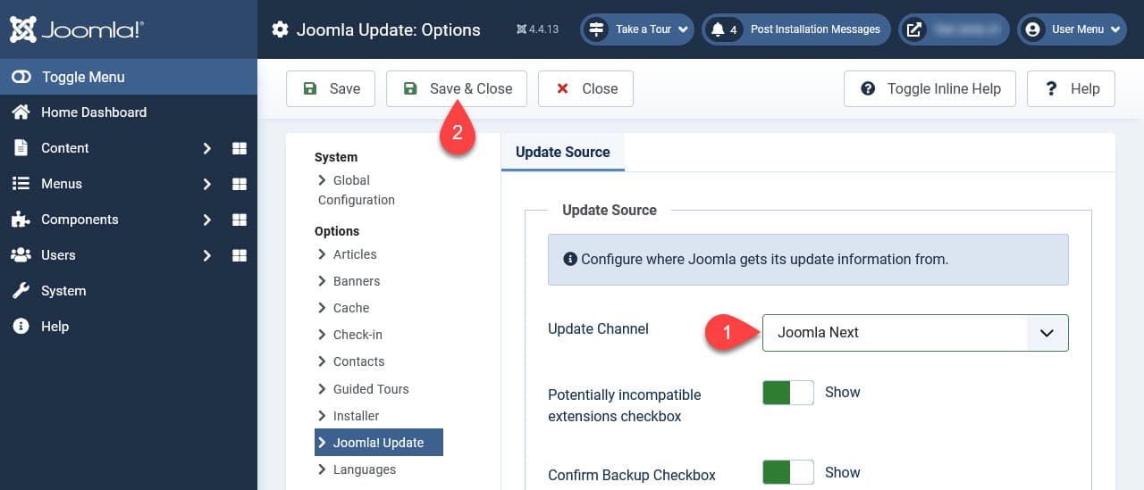 change channel to update Joomla
