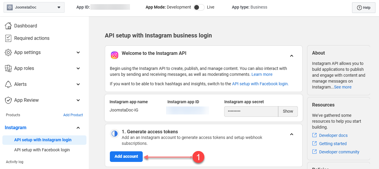 Add Instagram account to App