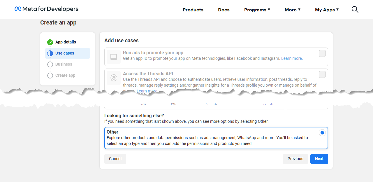 Facebook create app Other