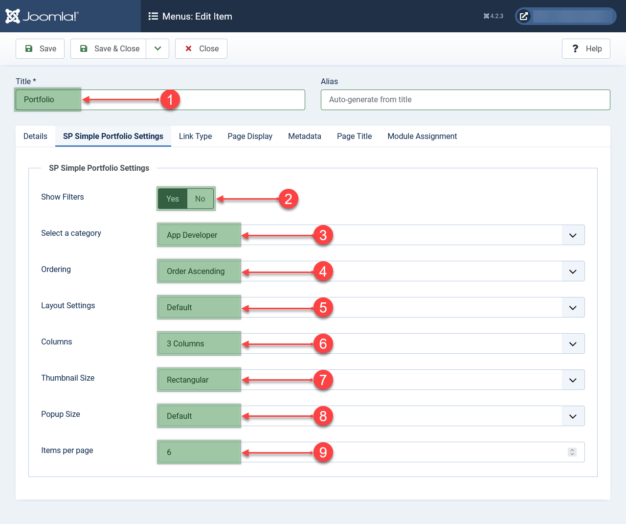 Configure menu for SP Simple Portfolio